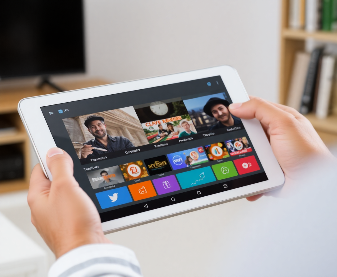 tablet mostrando a grade de programação do serviço iptv rrôgot