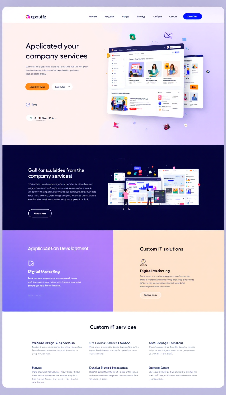 Create a simple one-page website showcasing company services, including website design, application development, digital marketing, and custom IT solutions. The design should be clean, modern, and user-friendly, with sections highlighting different service offerings and their key features.