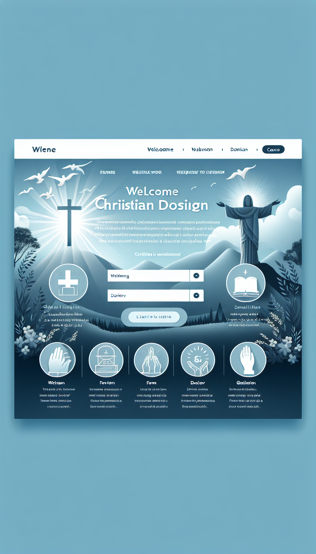 Un sitio web atractivo y moderno para una consultoría cristiana, incluyendo secciones de bienvenida, formulario, donaciones, galería de imágenes y videos, con un diseño amigable y espiritual.