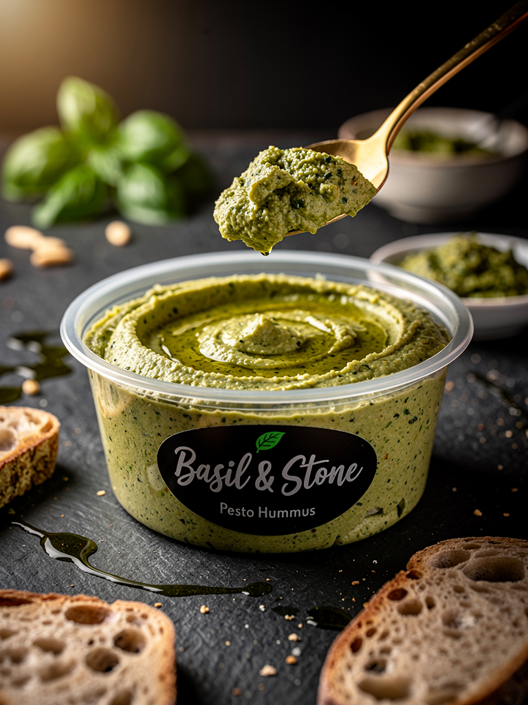 Create a high-end Instagram food photography image featuring a shallow 12 oz plastic deli-style container filled with vibrant pesto hummus. The hummus should be rich green with visible specks of basil, garlic, olive oil, and herbs, giving it a textured, fresh, homemade look. The container should be wide and shallow (similar to premium hummus tubs) rather than tall, emphasizing spreadability and abundance.
Container Design
The container should be a clear, shallow 12 oz round plastic hummus container, slightly glossy from studio lighting. The hummus is filled almost to the top with a slight swirl pattern on the surface, with a small drizzle of olive oil glistening under the light.
The label on the container should be modern and bold.
Label design details:
Black oval or circular label
Brand name centered in a handwritten or brush-style white font
Underneath in smaller clean sans-serif font:
“Pesto Hummus”
Optional small basil leaf illustration or herb graphic
Minimalist artisan feel, similar to a small-batch premium dip brand
Action / Food Moment
A gold or brass spoon is scooping a thick, creamy spoonful of pesto hummus out of the container, hovering just above it.
The hummus on the spoon should look chunky, creamy, and textured, with olive oil sheen and herb flecks visible. It should feel rich, indulgent, and spreadable.
Background and Environment
The scene is styled like a moody rustic kitchen or artisan food studio.
Surface:
Dark charcoal or matte slate stone countertop
Slight texture for depth
Subtle crumbs and olive oil reflections for realism
Background:
Dark, softly blurred background (black or deep charcoal)
Very shallow depth of field
Out-of-focus elements suggesting a food prep scene
In the background and foreground include:
Slices of toasted rustic sourdough bread
A small bunch of fresh basil
A few pine nuts scattered on the table
A drizzle of olive oil
Maybe a small ceramic bowl with extra pesto
These elements should be softly blurred, giving focus to the hummus container.
Lighting
Lighting should be dramatic food photography lighting:
One soft directional light from the left side
Warm highlights catching the olive oil and hummus texture
Deep shadows for contrast
Slight rim lighting outlining the spoon and container
Overall tone: rich, appetizing, artisanal
Think premium deli product photography meets rustic Mediterranean kitchen.
Composition
Container placed center frame
Spoon angled diagonally from top right toward the container
Bread slices partially visible in foreground corners
Tight crop suitable for Instagram square format (1:1)
On-Image Text (Green Rounded Labels)
Add three floating green pill-shaped text bubbles around the container in a modern Instagram style.
Text bubbles should be deep herb-green with white bold sans-serif text.
Placement:
Left side bubble:
SPREAD IT
Right side bubble:
LOVE IT
Bottom-left bubble:
REPEAT
The bubbles should feel playful but clean — slightly elevated like stickers.
