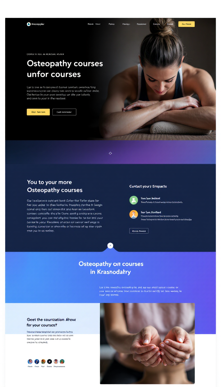 Design a clean and simple one-page website promoting Osteopathy courses in Krasnodar, featuring engaging visuals, course details, and contact information. Ensure the layout is user-friendly and visually appealing.