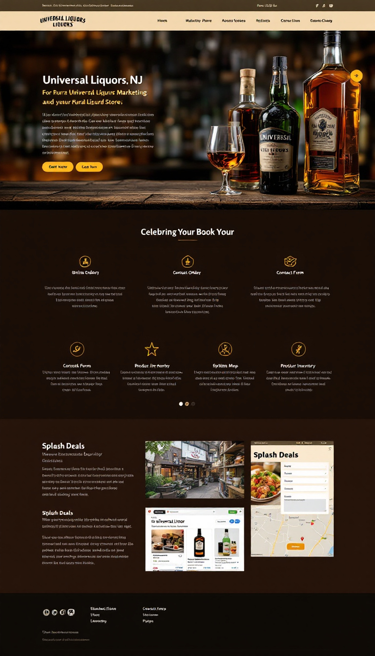 Design a one-page website for Universal Liquors NJ, a rural liquor store. The site should highlight marketing, deals, and delivery options, featuring online ordering, a contact form, a location map, product inventory, and a splash deals page. Aim for a modern yet rustic aesthetic.