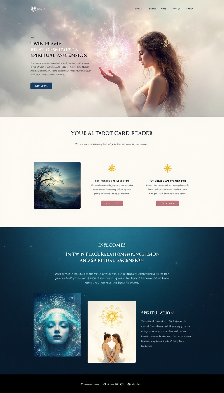 Design a one-page website for a tarot card reader specializing in twin flame relationships and spiritual ascension. The layout should be simple and clean, featuring calming colors and mystical imagery to reflect the spiritual theme.