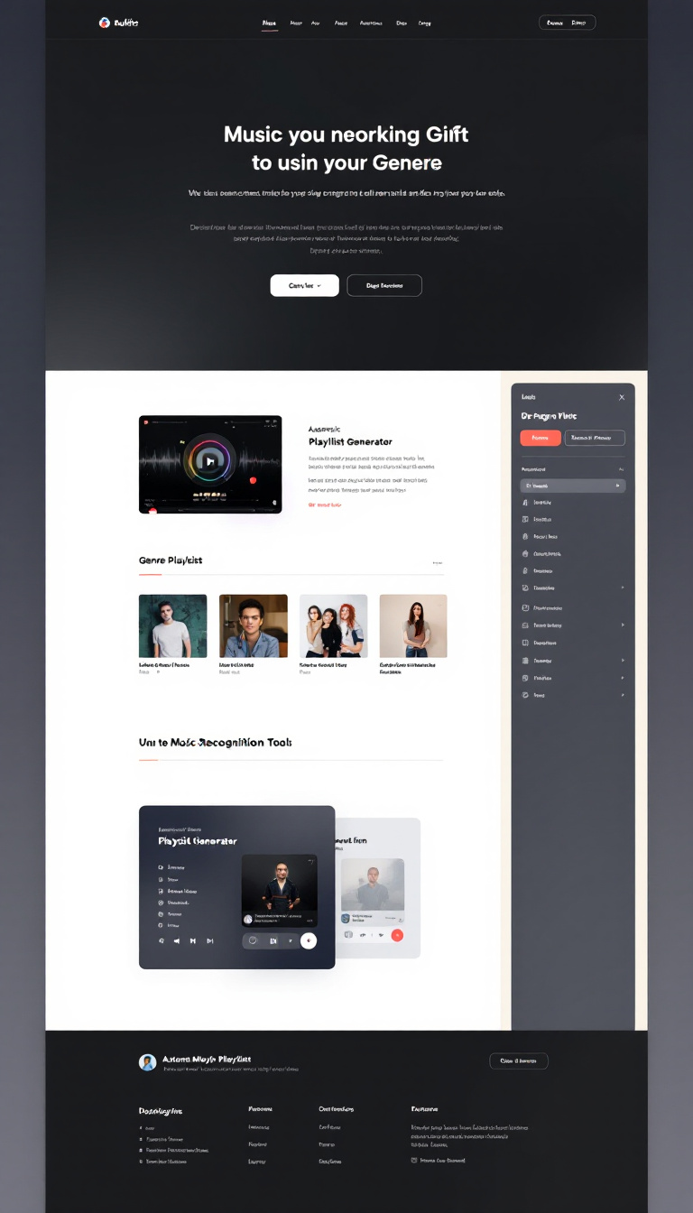 Design a sleek one-page personal website featuring an automatic playlist generator and a music recognition tool for genre classification. The layout should be clean and user-friendly, emphasizing these two functionalities.