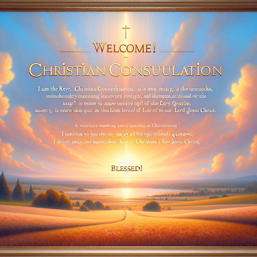 A welcoming image with the following text centered: '¡Bienvenidos!' below that: 'Soy el Rev. JRB. Director De Consultoria Cristiana.' below that: 'Consultoria Cristiana Es Un Ministerio Que Como Su Nombre Lo Indica Existe Para Responder A Todas as Inquietudes Espirituales Que Los Creyentes Tienen. En El Amor maravilloso De Nuestro Señor Jesucristo.' below that: 'Los Invito A Disfrutar De Nuestra Comunidad Cristiana Virtual De Fe.' and at the bottom: '¡ Bendecidos !'. The background should be serene and uplifting, suitable for a Christian consultation ministry.