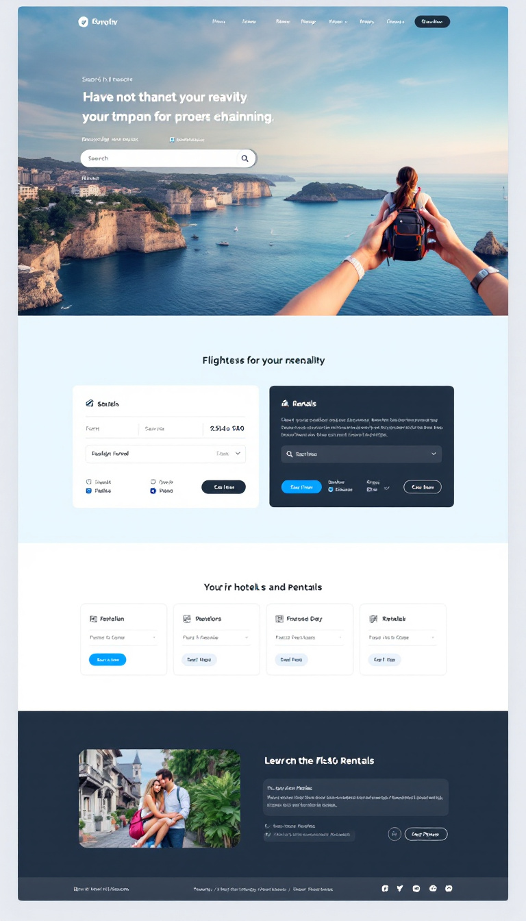 Design a one-page website for a travel agency that allows users to easily search for flights, hotels, and rentals. The layout should be clean and user-friendly, showcasing essential features in an organized manner.