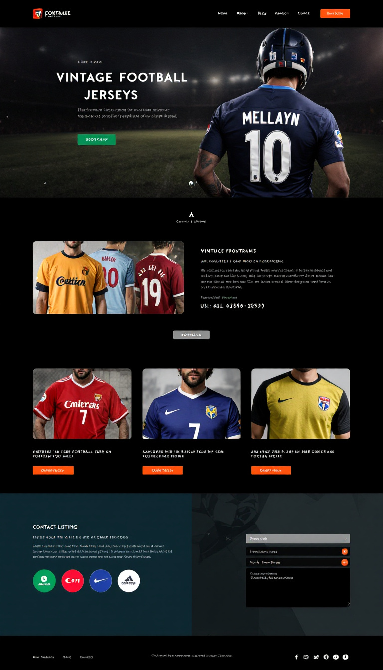 Design a simple one-page website for a business specializing in vintage football jerseys, featuring a clean layout, vibrant images of jerseys, and sections for product listings and contact information. Include a logo at the top and an easy-to-navigate interface.