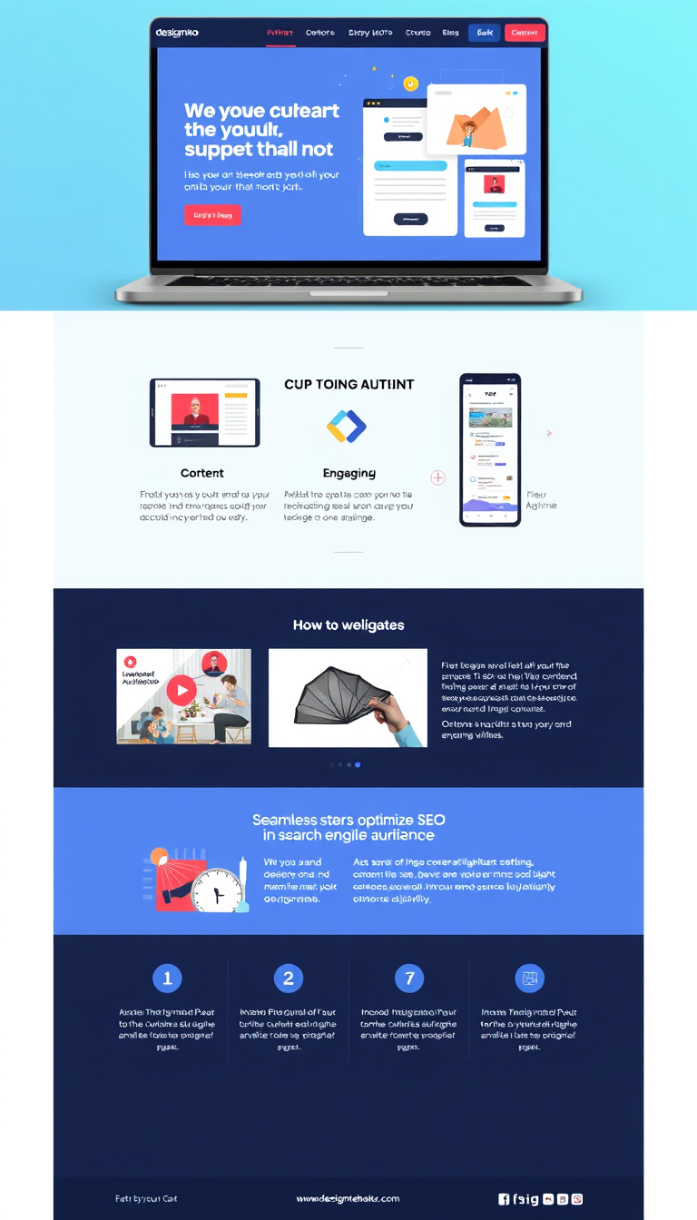 Enhance the visual design of the website at https://designneko.com/ for a modern look, focusing on improved navigation, engaging content for the target audience, and seamless mobile responsiveness. Additionally, outline steps for optimizing SEO to boost search engine visibility.