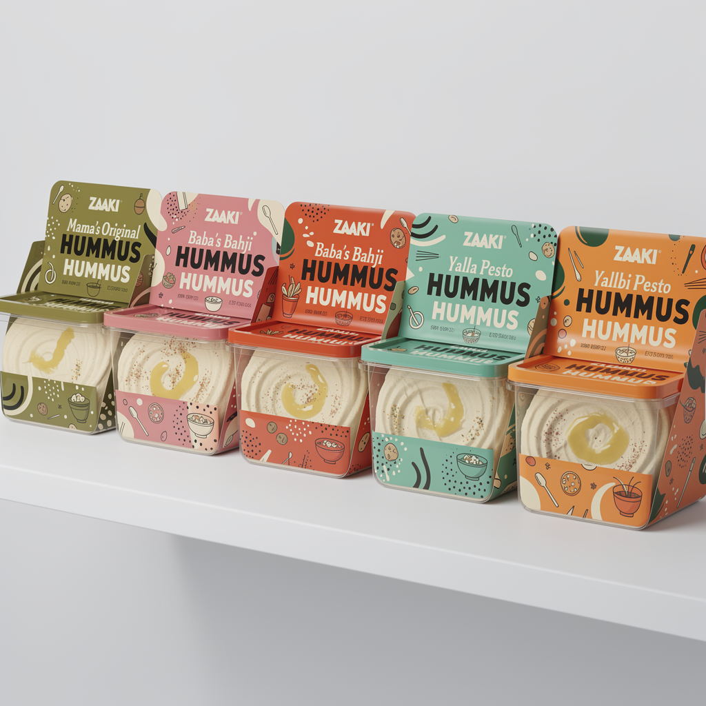 Create a retail-ready hummus packaging mockup for Zaaki that merges two distinct design approaches into one cohesive system:
(1) the playful pattern language and layout structure of a patterned, illustration-forward design
(2) the clarity and shelf impact of single bold hero colors per flavor.
Use a square, transparent plastic container with a square lid, suitable for U.S. grocery stores. The hummus inside should be clearly visible and appetizing.
Color system:
Each flavor is defined by ONE dominant background color covering most of the lid and front label
Colors must come from the Zaaki palette only:
Mama’s Original → Olive green #A7A838
Baba’s Bahji → Rose pink #F37C90 or Harissa orange #EC6542
Yalla Pesto → Mint/teal #60C3AD
Habibi Heat → Harissa orange #EC6542
Secondary colors may appear only as small accents within patterns or typography, never competing with the hero color
Pattern & layout direction (from the second design):
Use playful, graphic patterns and repeated illustration elements (abstract food shapes, oil drips, spice marks, simple icons)
Patterns should feel bold, modern, and intentional, not decorative or traditional
Layout should feel structured and consistent across flavors: same placement for logo, flavor name, and “HUMMUS”
Brand elements:
Use the Zaaki logo exactly as provided, bold and high-contrast
The word “HUMMUS” must be clearly visible on the front panel, paired with the flavor name
Typography should be oversized, confident, and Gen Z–friendly
Avoid:
Muted or washed-out color palettes
Overly delicate illustrations
Mediterranean tiles, ornamental borders, or cultural clichés
Photorealistic ingredient collages
FDA realism:
Include believable U.S. grocery labeling elements (net weight, ingredients, allergen statement, nutrition facts panel on side/back). These should feel authentic and professionally placed.
Overall vibe:
Bold, colorful, and playful
Systematic and recognizable as a lineup
Gen Z–appealing and shelf-stopping
Palestinian in attitude and confidence, not decoration
Lighting should be clean and bright. The final image should show multiple flavors side by side, clearly demonstrating the single-color system and shared pattern language across the lineup.
