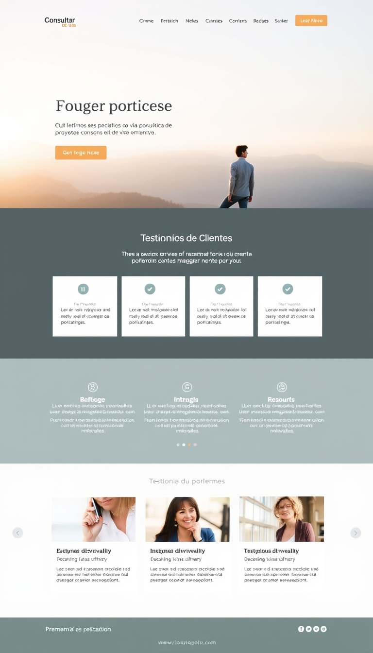 Diseño de un sitio web para un Consultor de Proyectos de Vida, con un enfoque en servicios de asesoría personalizada, testimonios de clientes y recursos motivacionales. El estilo debe ser profesional y acogedor, utilizando colores suaves y elementos visuales inspiradores.