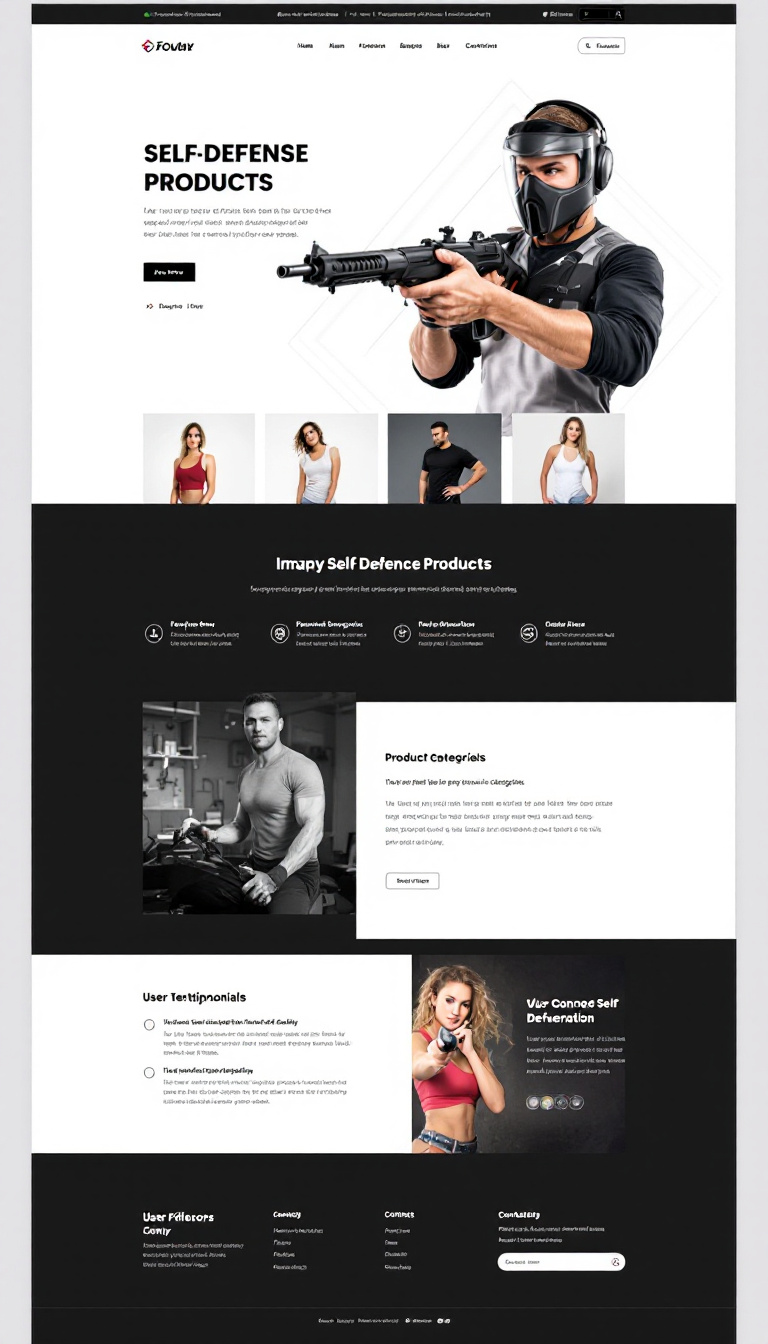 Design a simple and clean one-page website highlighting self-defense products, featuring a modern layout with attractive visuals and concise information. Include sections for product categories, user testimonials, and contact information.