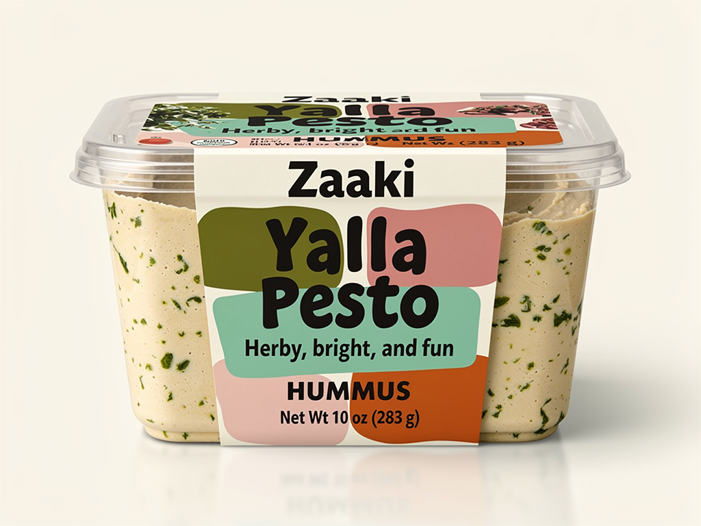 Create a high-quality, retail-ready product mockup of Zaaki hummus packaging using a rectangle, transparent plastic container with a rectangle lid, suitable for U.S. grocery stores.
The design should feel bold, playful, joyful, and rooted in Palestinian food culture, with expressive illustration and confident typography. Maintain the lively, graphic style shown previously — simple shapes, punchy color blocks, and friendly hand-drawn energy.
The word “HUMMUS” must appear clearly on the front-facing label, either beneath the flavor name or as a secondary descriptor (e.g., “Pestol Hummus”). It should be easy to read at shelf distance.
Include realistic FDA-required labeling elements, subtly integrated so they don’t overpower the design:
Net weight (e.g., “Net Wt 10 oz / 283 g”)
Ingredients statement (small but legible)
Allergen statement (e.g., “Contains: Sesame”)
Nutrition Facts panel placed on a side or back label (not the hero panel)
Refrigerated product cues (optional but realistic)
These elements should feel authentic and properly placed, not decorative — as they would appear on real hummus packaging sold in U.S. grocery stores.
Use the Zaaki logo bold and confident.
Color palette must strictly follow Zaaki brand colors:
Olive green #A7A838
Mint/teal #60C3AD
Rose pink #F37C90
Harissa orange #EC6542
Off-white #FFFDF9
Deep near-black #150F11
Flavor name “Yalla Pesto” should remain playful and prominent, paired with the tagline:
“Herby, bright, and fun”
The hummus inside the container should be visible — creamy beige hummus specks of green herbs in it.
Avoid ornamental Mediterranean patterns, tiled motifs, or photographic ingredient collages. Keep illustrations simple, graphic, and intentional, acting as energy and texture rather than decoration.
Lighting should be clean and natural. The final image should feel fully shelf-ready, joyful, compliant, and unmistakably Zaaki — a product that looks exciting and legitimate in a U.S. grocery store.