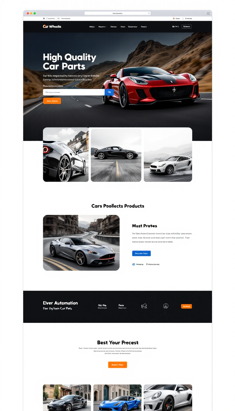 Create a one-page website for 'Car Wheelie', a platform for high-quality car parts. Incorporate a classic automotive theme with bold colors, featuring a prominent search bar, attractive product showcases, and user-friendly navigation, appealing to car enthusiasts.