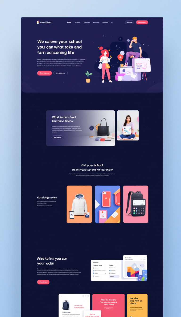 Design a modern and clean one-page website for a school's webshop, featuring a user-friendly layout and appealing visuals to highlight products effectively. Ensure it conveys a sense of professionalism and is easy to navigate.