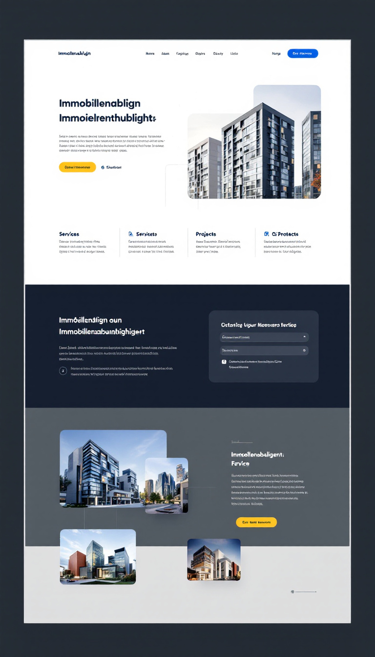 Design a simple one-page website for an Immobilienentwicklung (real estate development) business, featuring a clean layout, professional color scheme, and sections for services, projects, and contact information. Include engaging imagery related to real estate.
