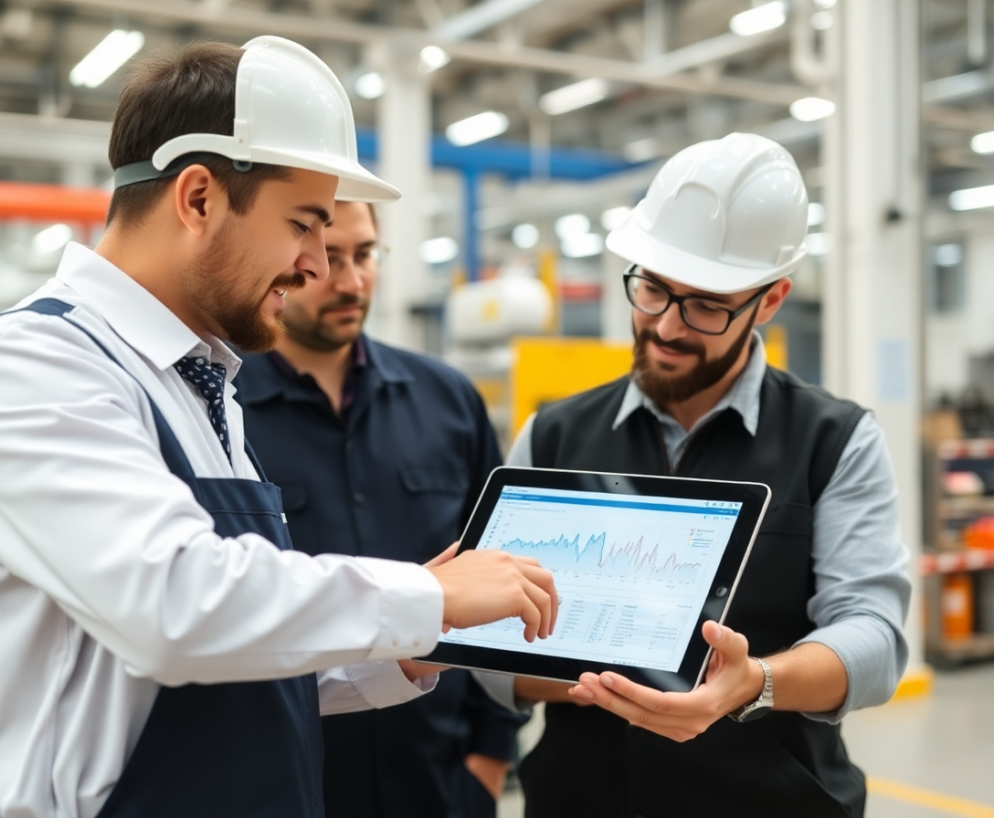 due professionisti che analizzano dati tecnici su un tablet in un ambiente industriale moderno