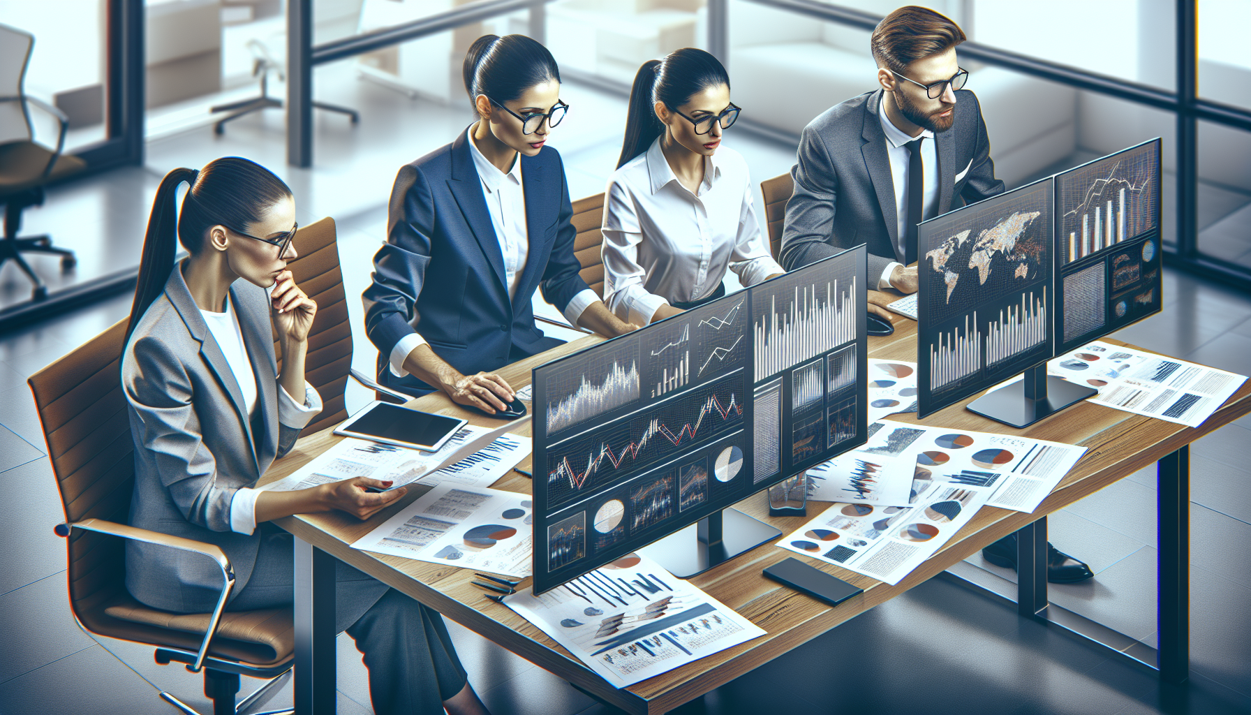Illustration of business professionals analyzing data with charts and graphs in a modern office setting, but with rounded corners