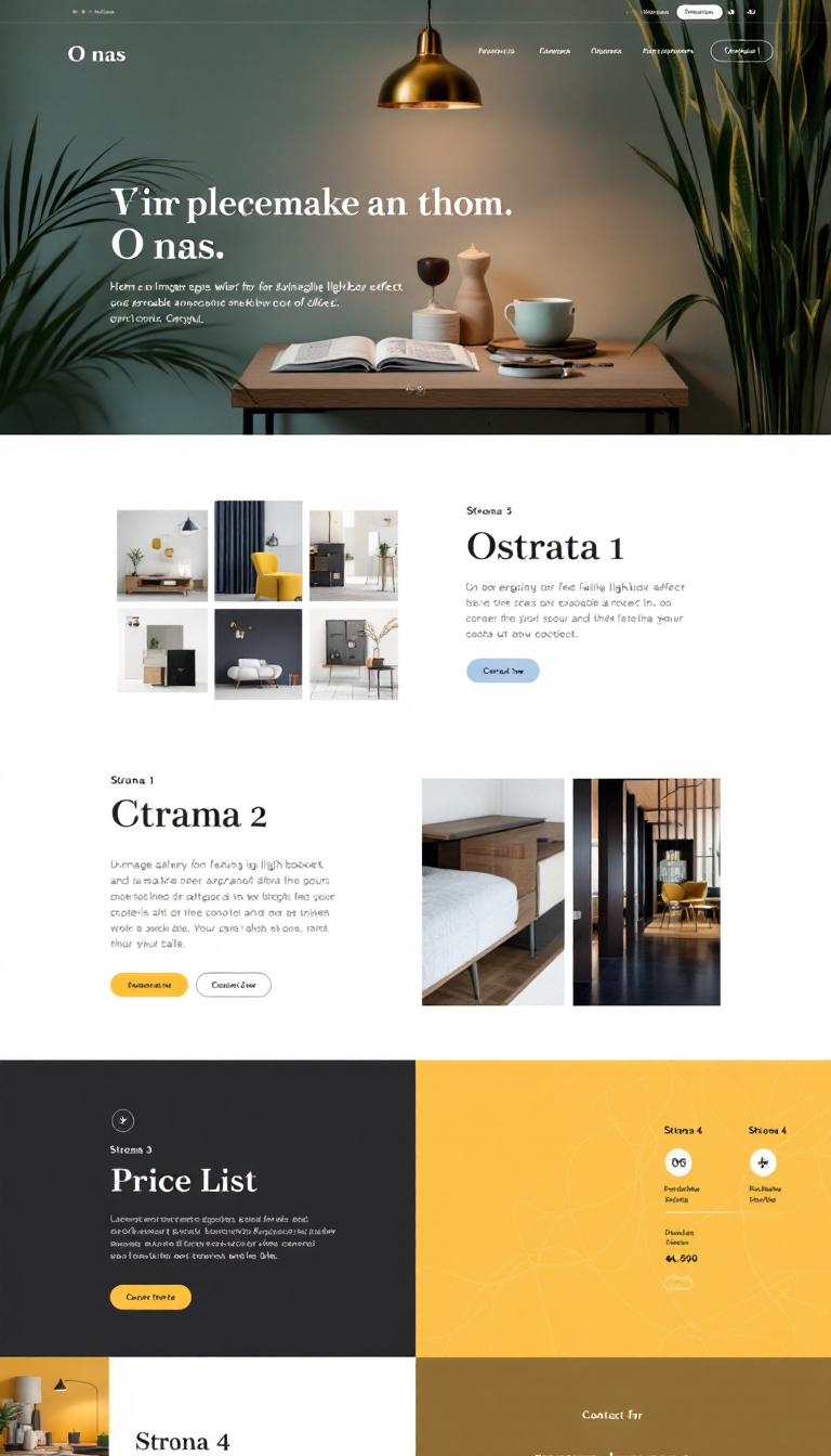 Design a simple one-page website with a home section titled "O nas" and four sub-sections: "Strona 1" for an image gallery with a fading lightbox effect, "Strona 2" featuring expandable product categories, "Strona 3" displaying a price list table, and "Strona 4" for contact information.
