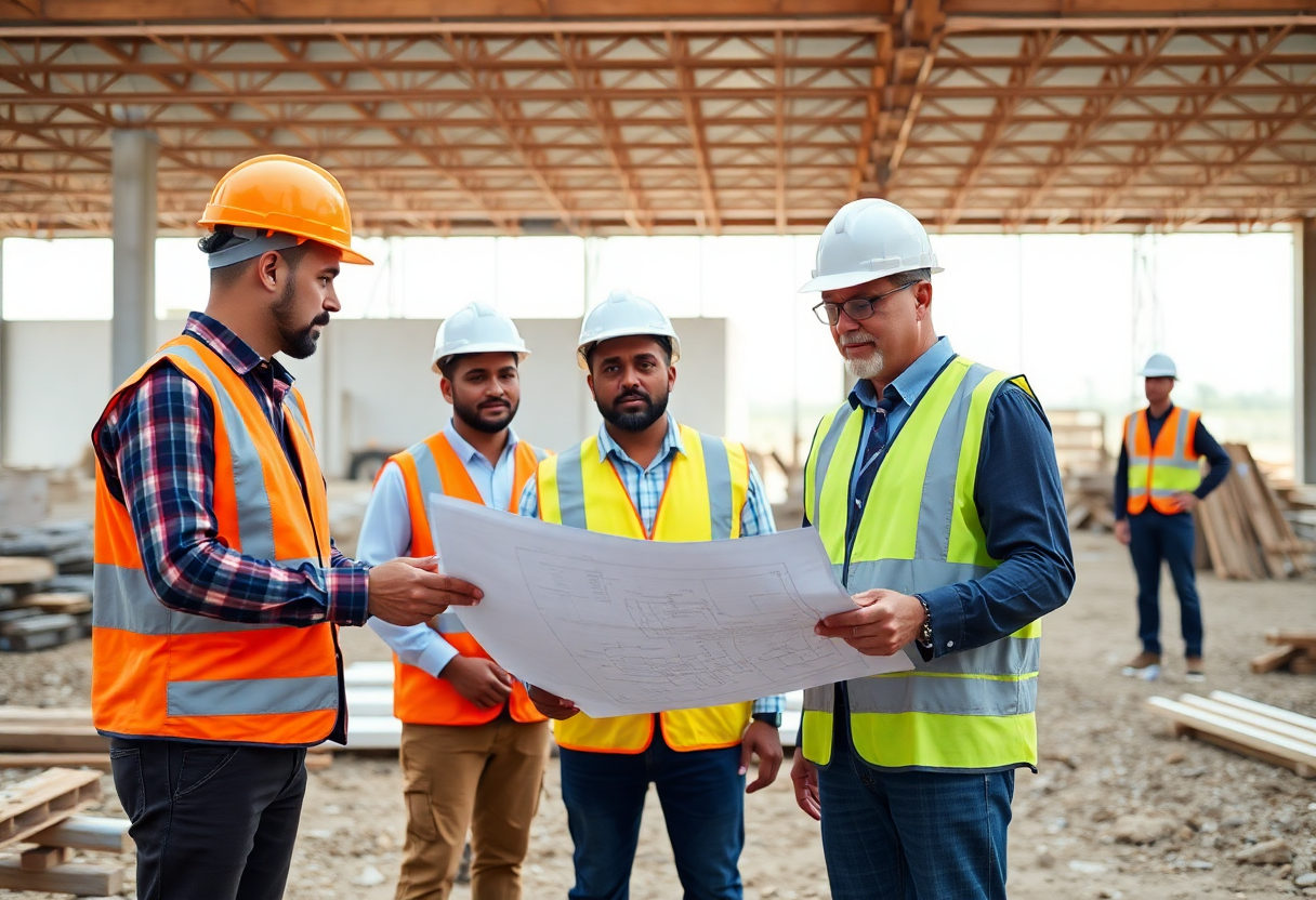 construction site with workers and manager reviewing plans, representing niqs's project management services