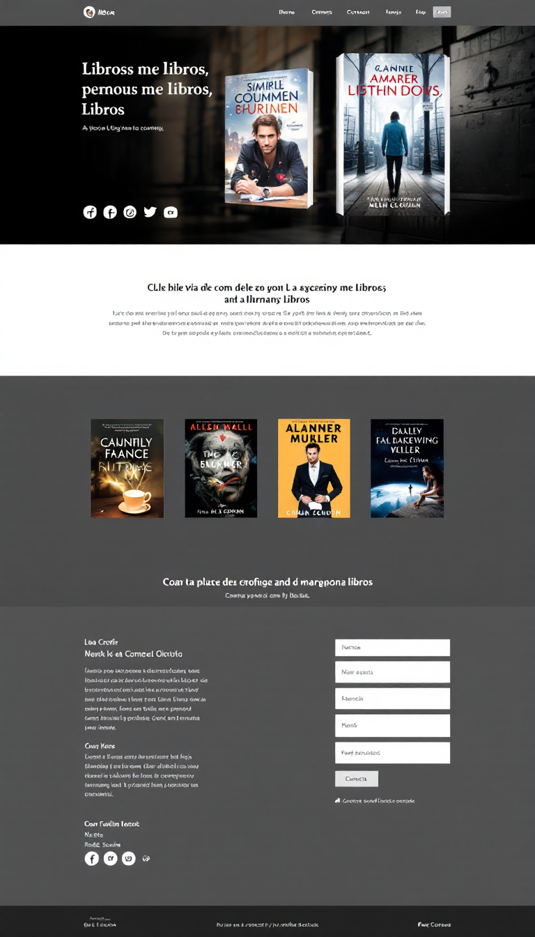 Crea una página web simple y limpia para promocionar mis libros, destacando sus portadas, descripciones y enlaces de compra. Incluye una sección de contacto y redes sociales.
