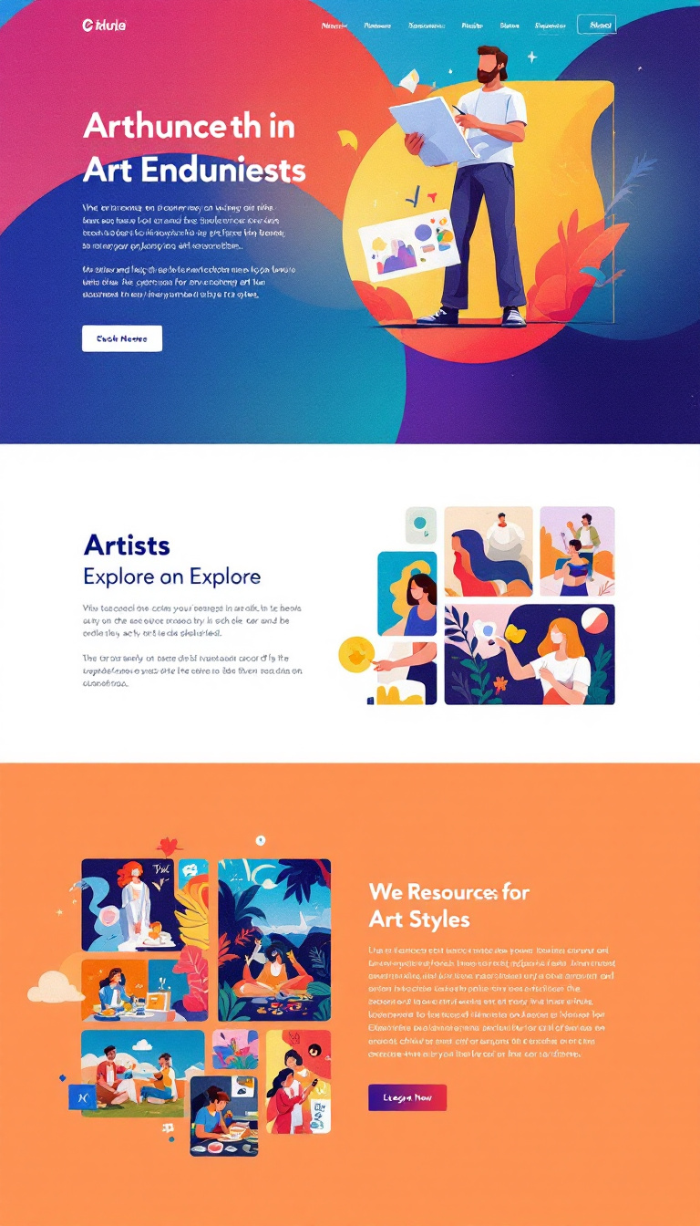 Design a simple, one-page website tailored for art enthusiasts. Include vibrant visuals, engaging content about artists, and resources for exploring different art styles.