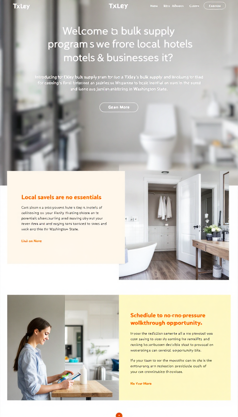 Create a clean one-page website to introduce Txley’s bulk supply program for local hotels, motels, and businesses in Washington State. Highlight cost-saving benefits of janitorial essentials and invite decision-makers to schedule a no-pressure walkthrough for savings opportunities.
