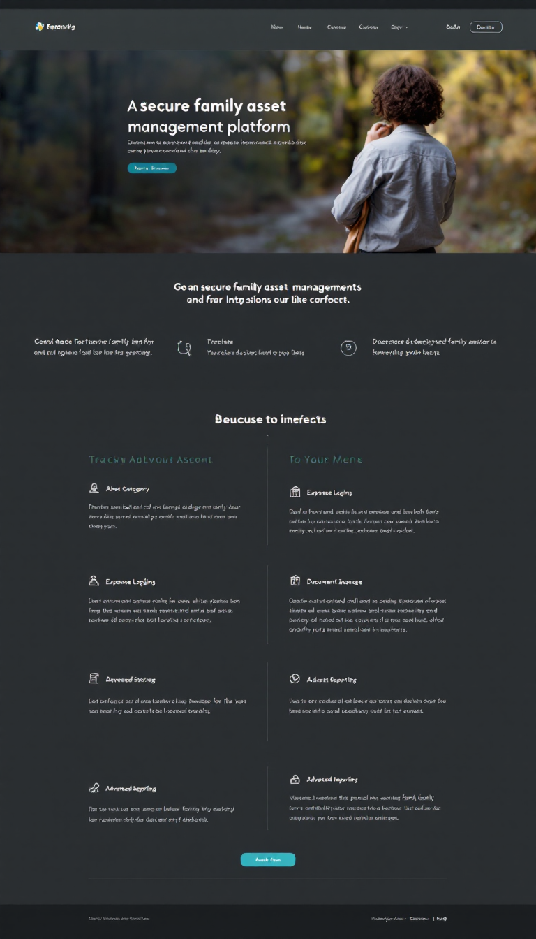 Design a simple and clean one-page website for a secure family asset management platform. The site should feature an intuitive dashboard for tracking various asset categories, expense logging, document storage, and advanced reporting, ensuring user-friendly navigation and robust security measures for designated family members and advisors.