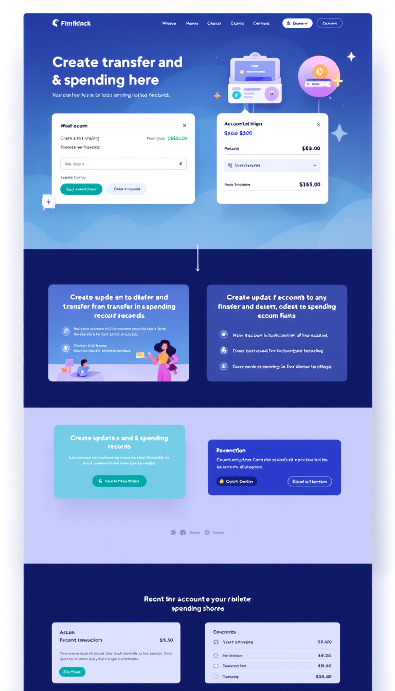 Design a sleek one-page fintech website that allows users to create, update, and delete transfer and spending records, featuring an intuitive interface and modern aesthetics. Include sections for account management, recent transactions, and quick action buttons for easy navigation.