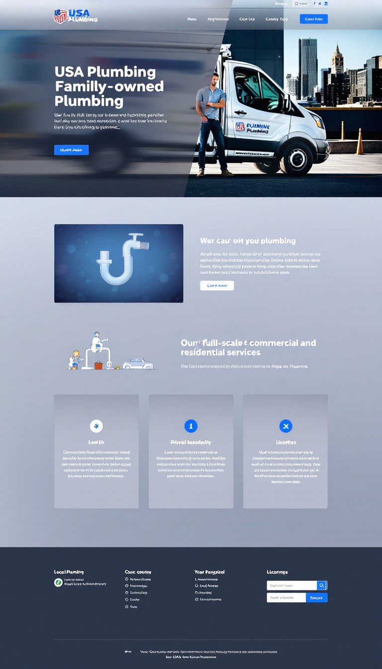 Create a simple one-page website for USA Plumbing, a family-owned plumbing business in the USA. Highlight their full-scale commercial and residential services, emphasizing their local ownership, licensing, and insurance.