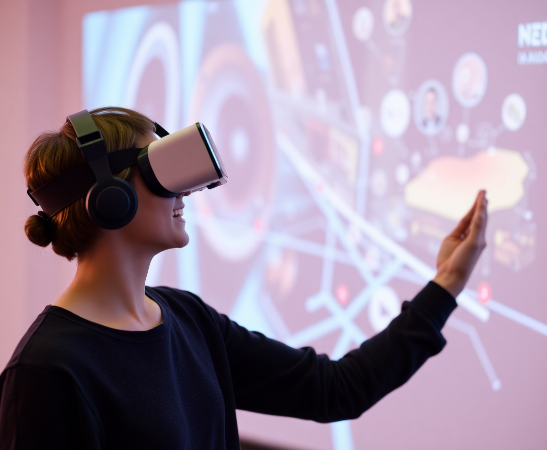 person wearing vr headset interacting with a virtual environment