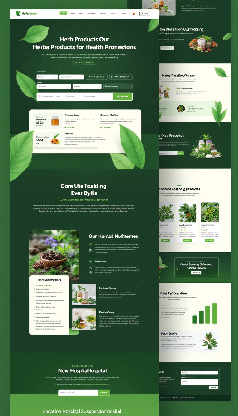 Design a one-page website for HerbStoreOnline, an e-commerce platform specializing in herbal products for various health conditions. The site should feature a disease-based search filter, product details, customer reviews, and a location-based hospital suggestion service, all with a green, earthy theme appealing to wellness-focused customers.
