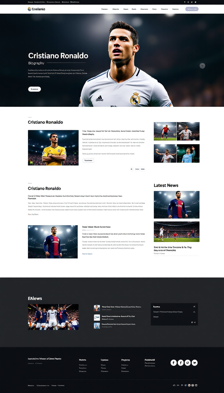 Design a clean and visually appealing one-page blog layout dedicated to Cristiano Ronaldo, featuring stunning images of him with a hover effect. The layout should include sections for his biography, achievements, and latest news.
