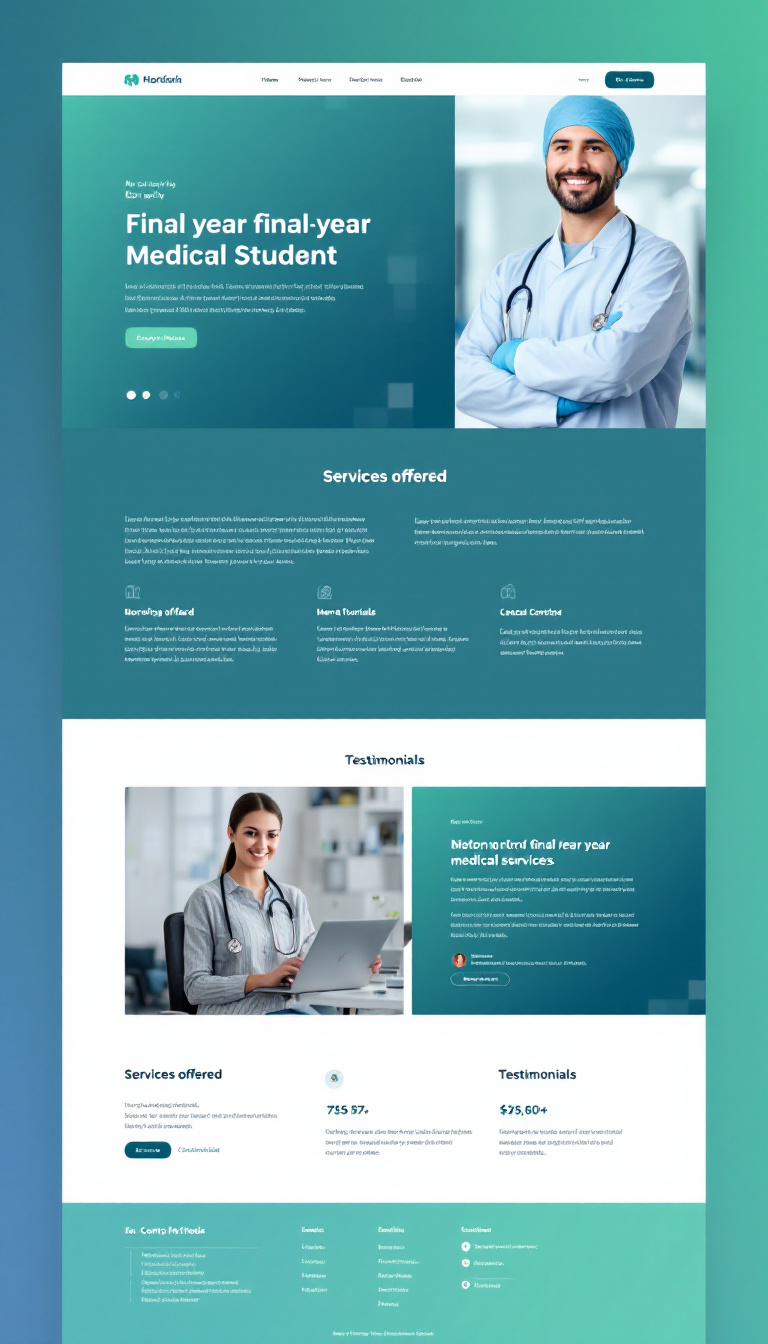 Design a simple, clean one-page portfolio website for a final-year medical student to showcase their skills and services. Include sections for biography, services offered, testimonials, and contact information.