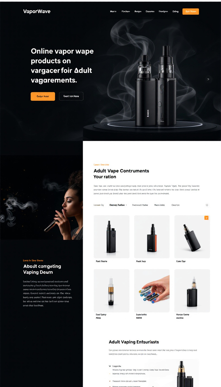 Design a sleek, modern one-page website for 'VaporWave', an online vape products retailer. Use dark colors, include a product gallery, and add purchase buttons for seamless transactions, targeting adult vaping enthusiasts.