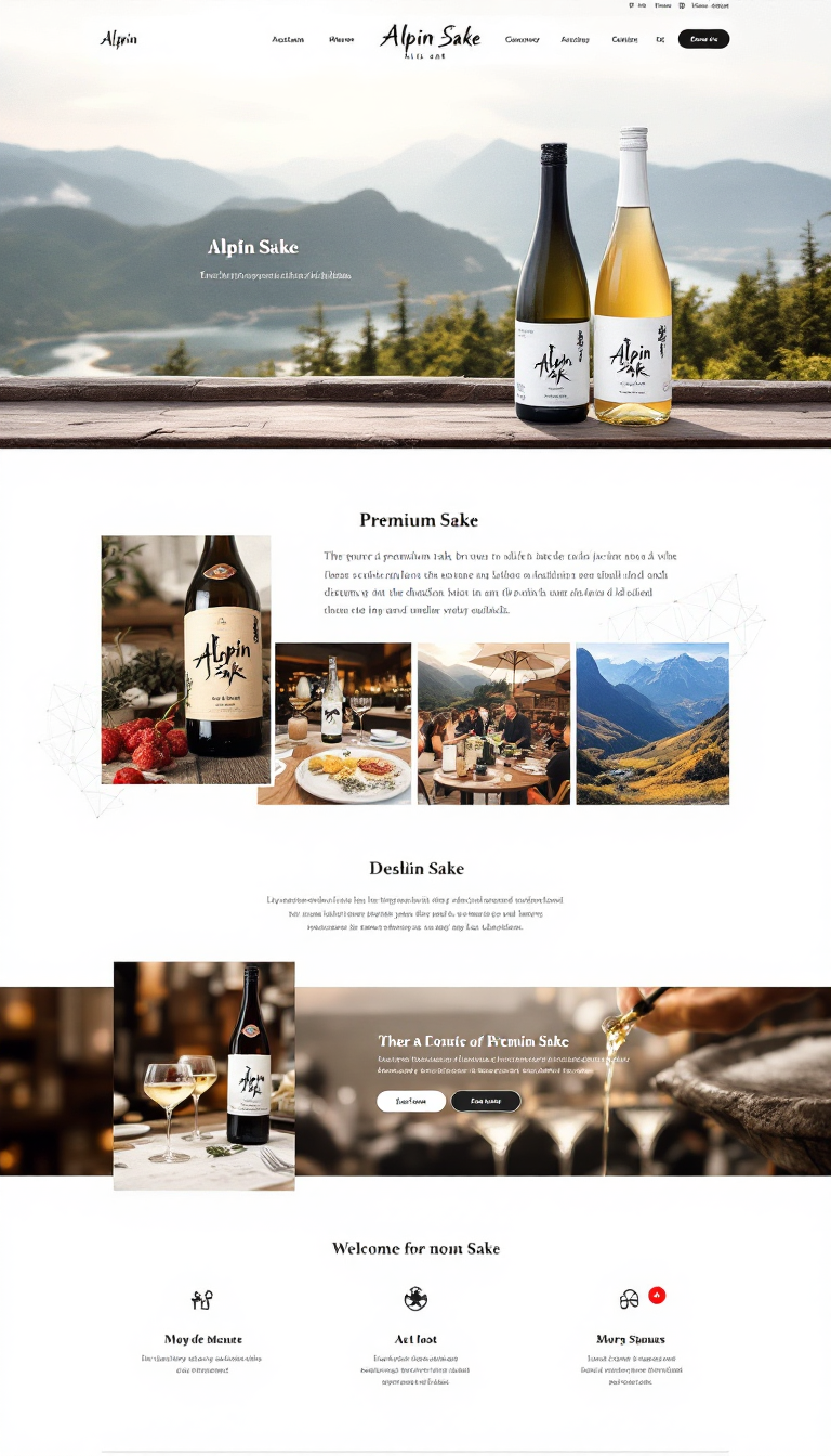 Create a one-page website for "Alpin Sake," an Austrian premium sake brand featuring four distinct flavors. Highlight the brand's focus on high-quality venues for distribution and include visually appealing elements inspired by the Instagram content.