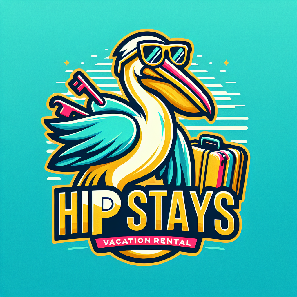 Trendy Modern and Sporty Logo for my company, "Hip Stays". Florida Vacation Rental logo should include a Pelican or Tropical Bird wearing sunglasses and holding luggage or keys in wings or mouth. Tropical with color scheme of Turquoise, Yellow, and Hot Pink