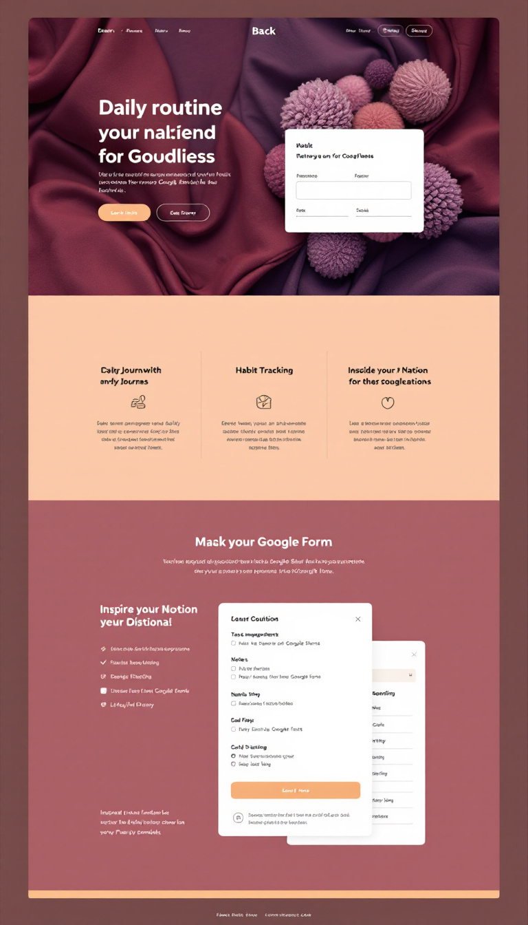 Design a personal website named 'Back' for daily routine management featuring a journaling section integrated with Google Sheets for responses from Google Forms. Include task management, notes, habit tracking, and goal setting, inspired by popular Notion templates, and use a color palette of light brown, maroon, purple, and pink jewel tones, with the Playfair Display font.