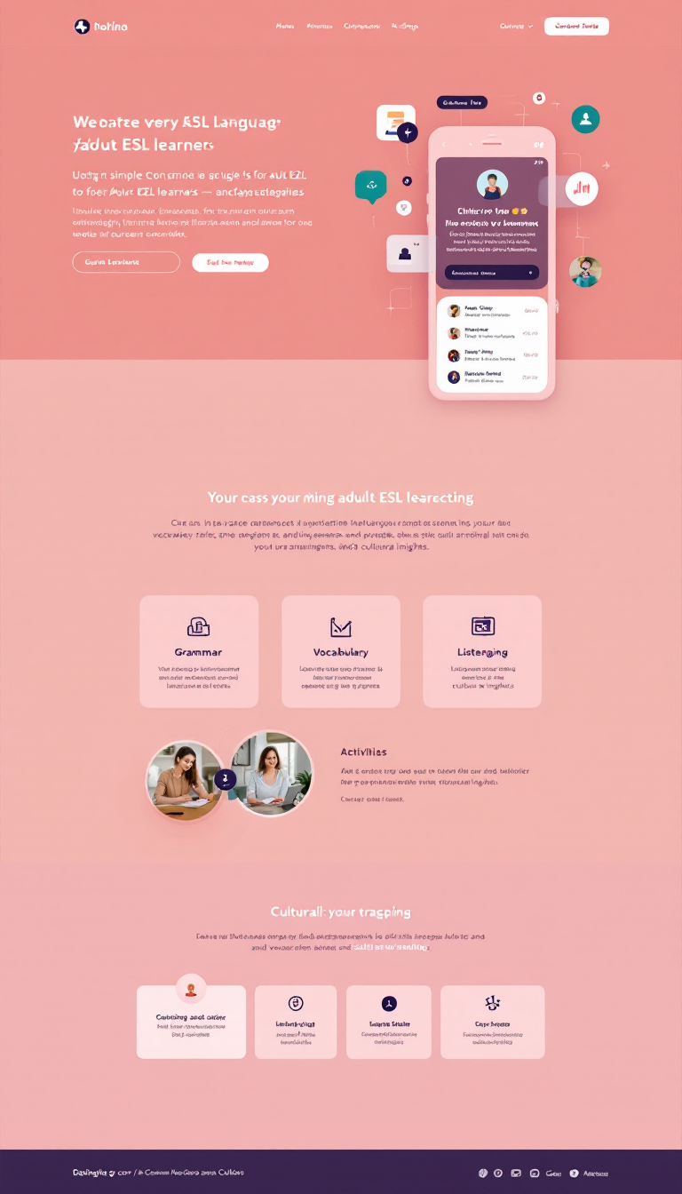 Design a simple, one-page educational website tailored for A2 level adult ESL learners. The site should feature an interactive dashboard with clear navigation and icons for language categories, modules for grammar, vocabulary, listening, and speaking practice, along with engaging activities and cultural insights. Aim for a clean, professional look with calming colors and easy-to-read text, enhancing user experience and motivation through progress tracking and supportive visuals.
