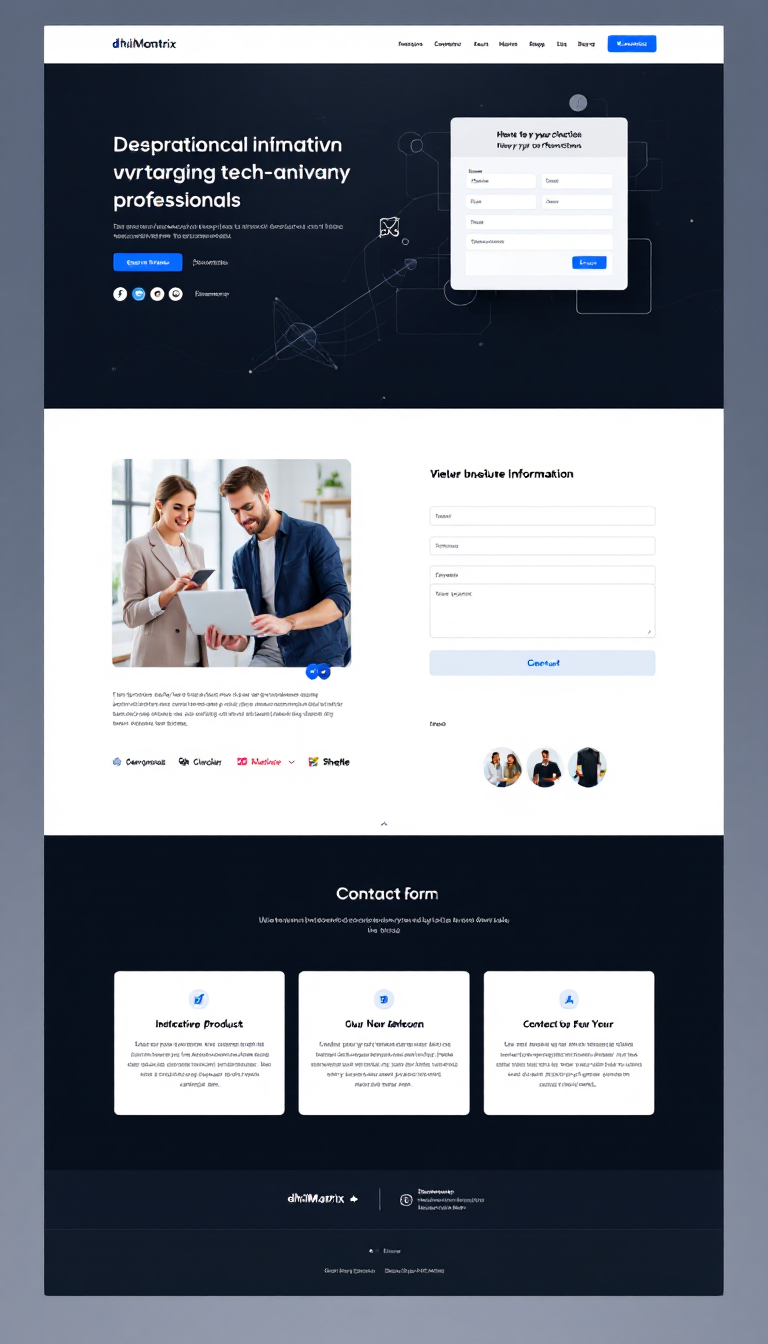 Design a sleek one-page website for dhiMatrix, targeting tech-savvy professionals. Include detailed product information and a contact form, featuring a clean layout with neutral tones for a professional look.