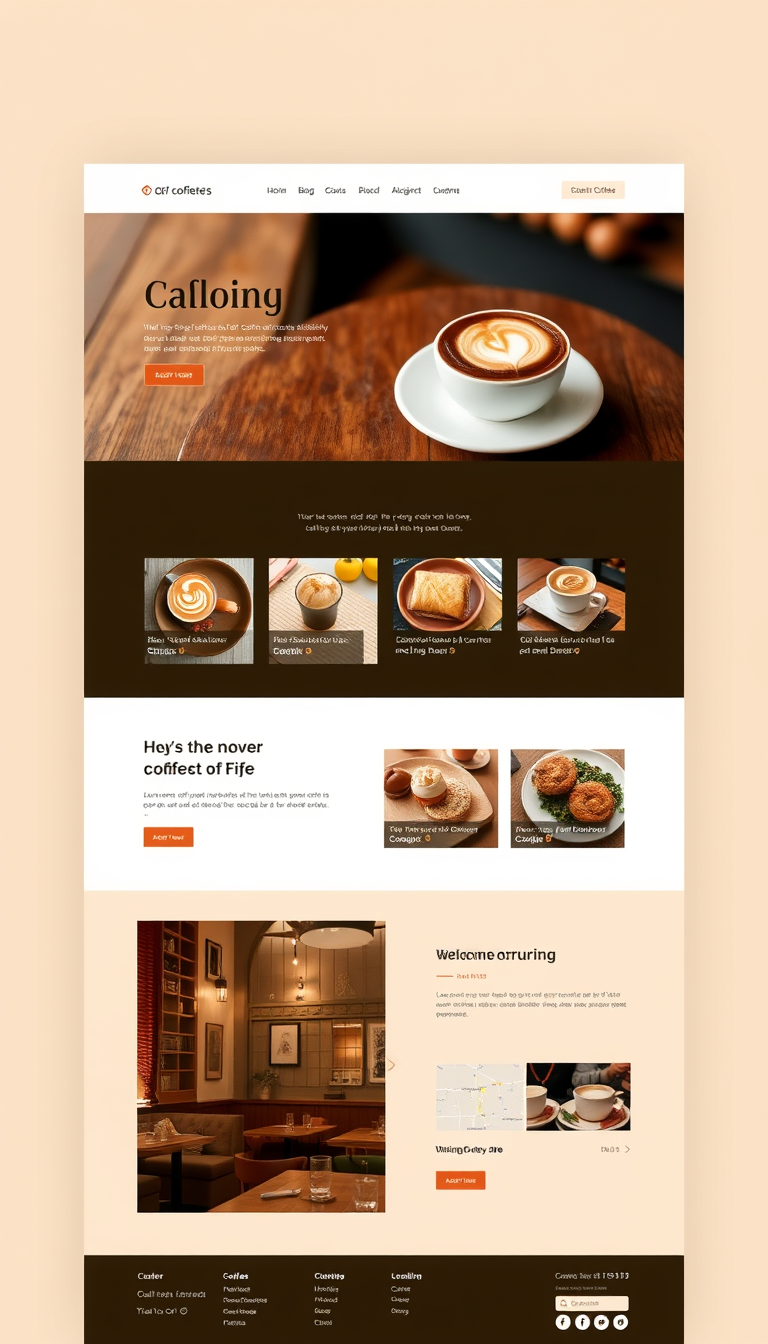 Design a modern website for a cozy coffee shop, featuring a warm color palette, enticing images of coffee and pastries, and sections for the menu, location, and online ordering. Include a welcoming atmosphere with rustic decor elements.