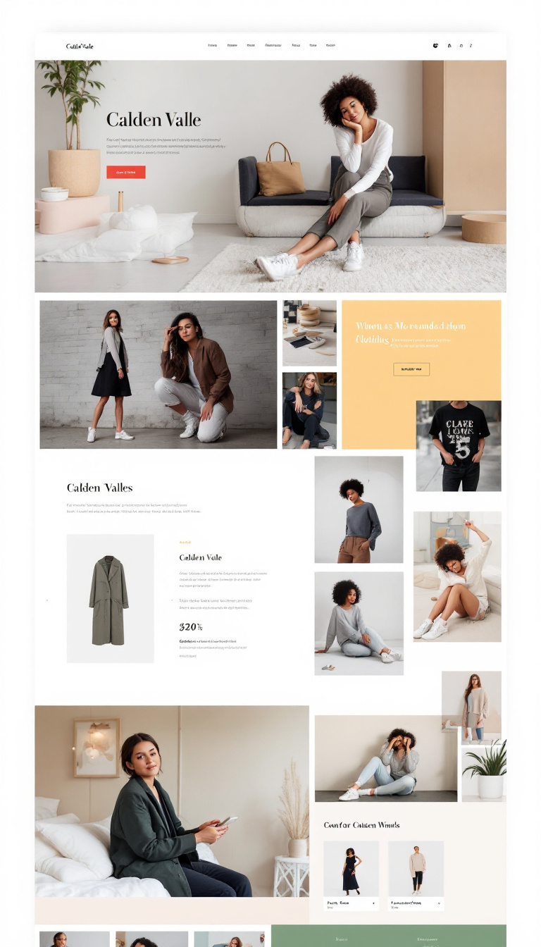 Design a simple one-page website for "Calden Vale," a clothing store. The layout should be clean and modern, showcasing products with appealing visuals and easy navigation.