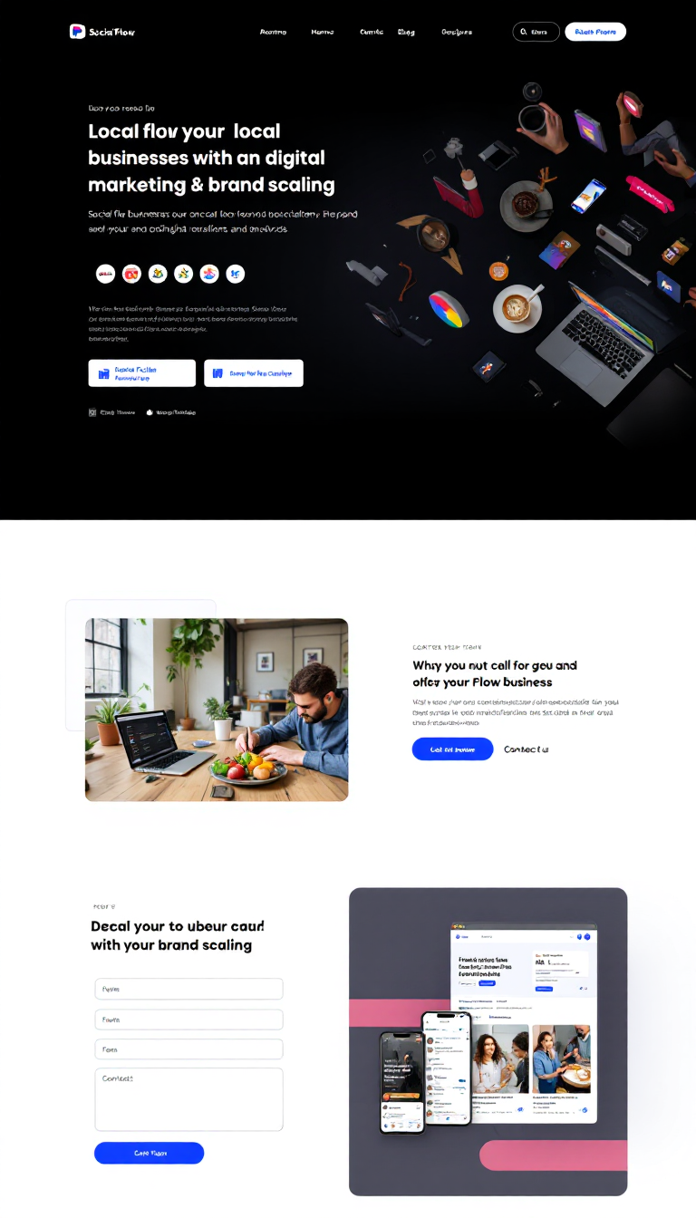 Design a clean, modern one-page website for "Social Flow Digital," targeting local businesses with digital marketing and brand scaling services. Include a compelling call-to-action, a contact form, and visually appealing layouts to engage potential clients.