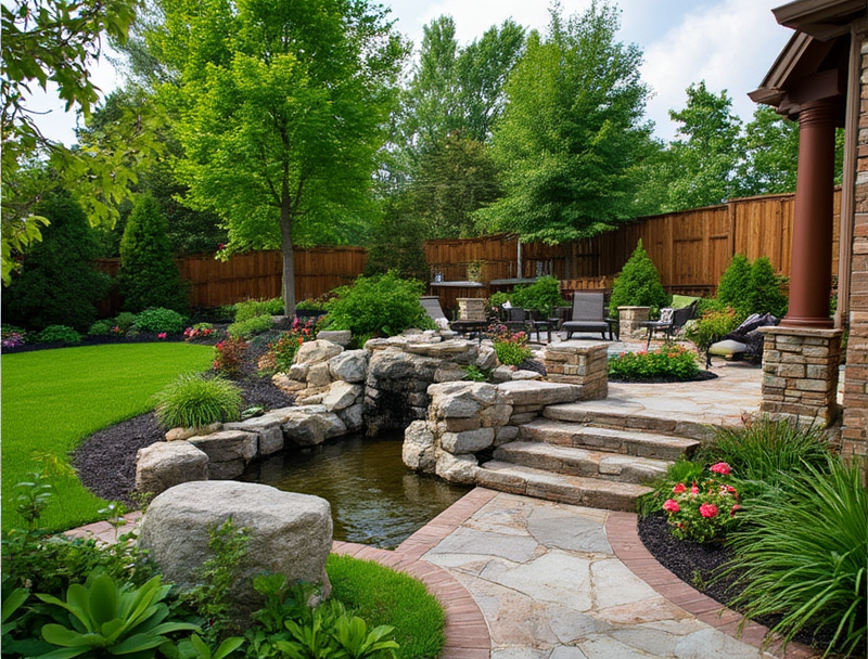 Beautiful landscaped backyard with stone features, water elements, and lush greenery creating a tranquil outdoor retreat