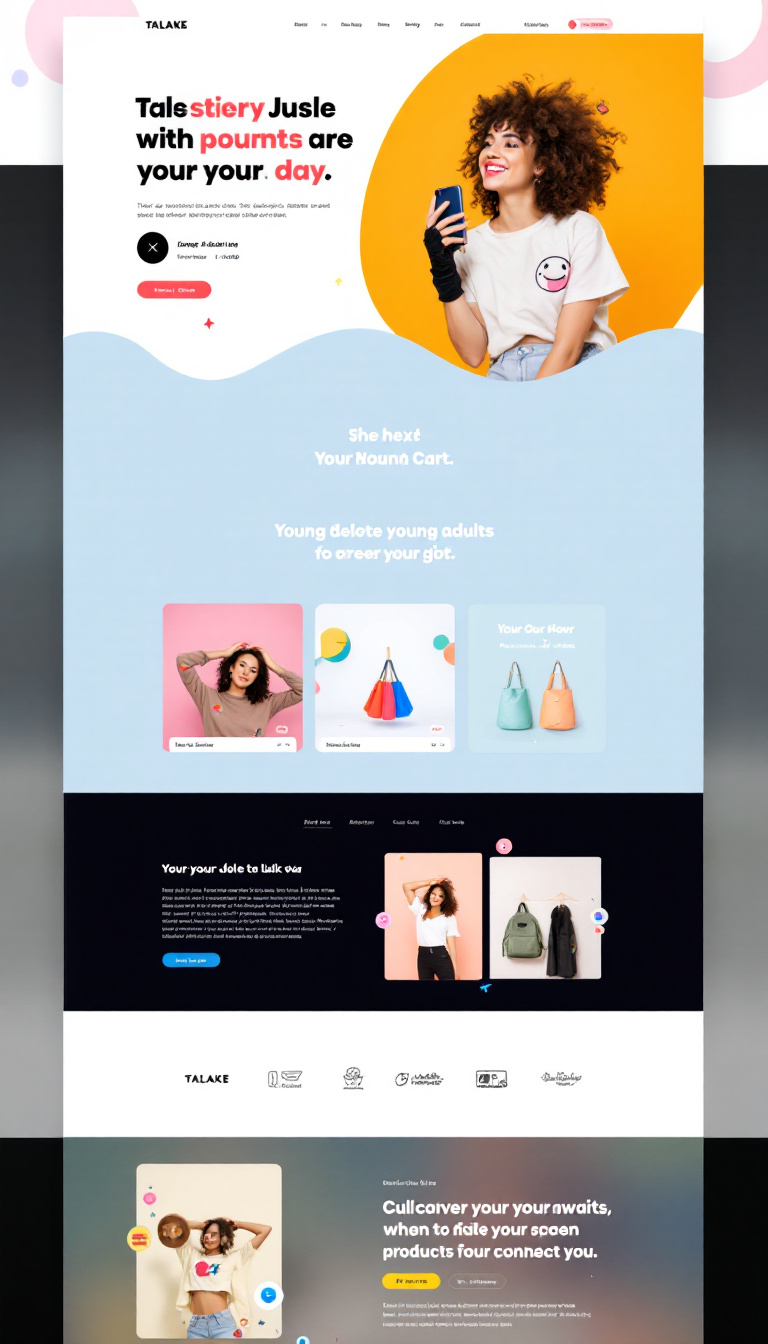 Create a vibrant one-page website for an online store called TALAKE, targeting young adults aged 18-30. The design should be fun and colorful, featuring product listings, a shopping cart, and payment gateway functionalities for easy navigation.