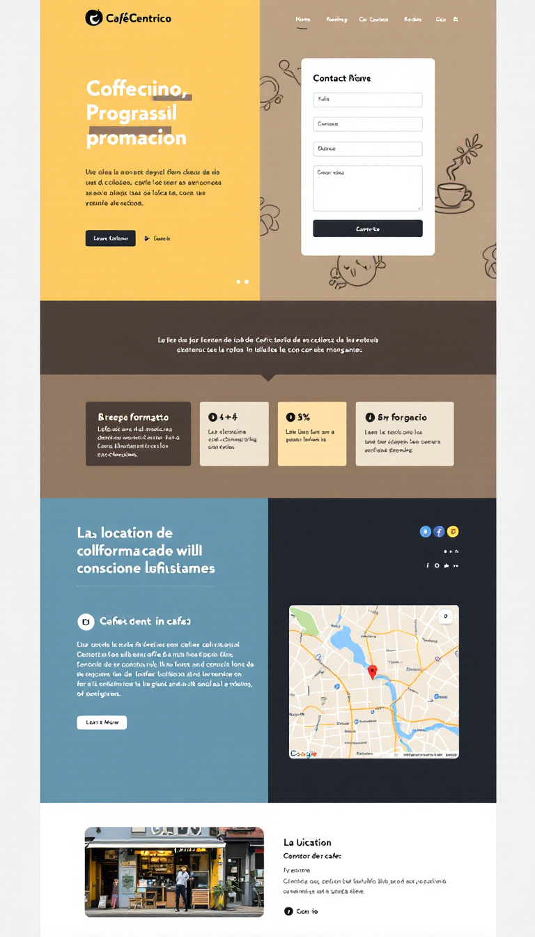 Crea un sitio web minimalista para 'CaféCéntrico', un pequeño negocio que busca atraer clientes locales. Incluye un formulario de contacto, la dirección del café, un mapa de ubicación y resalta la ubicación del café con información útil para los visitantes, utilizando colores sencillos.
