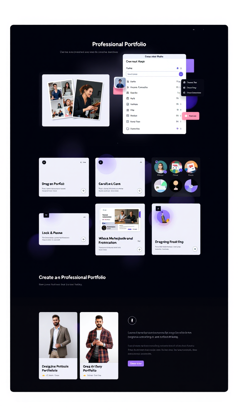 Design a sleek one-page website that allows users to easily create a professional portfolio using drag-and-drop functionality. The layout should be user-friendly, modern, and visually appealing.