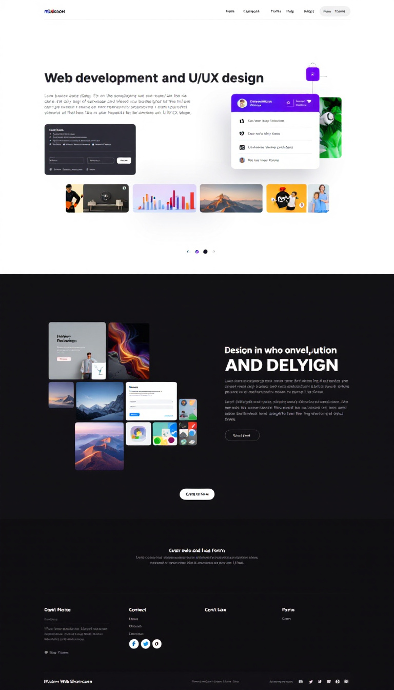 Design a modern, clean one-page portfolio website titled 'Modern Web Showcase' focused on web development and UI/UX design. Include an image gallery, social media links, and a contact form in a visually appealing, minimal layout.