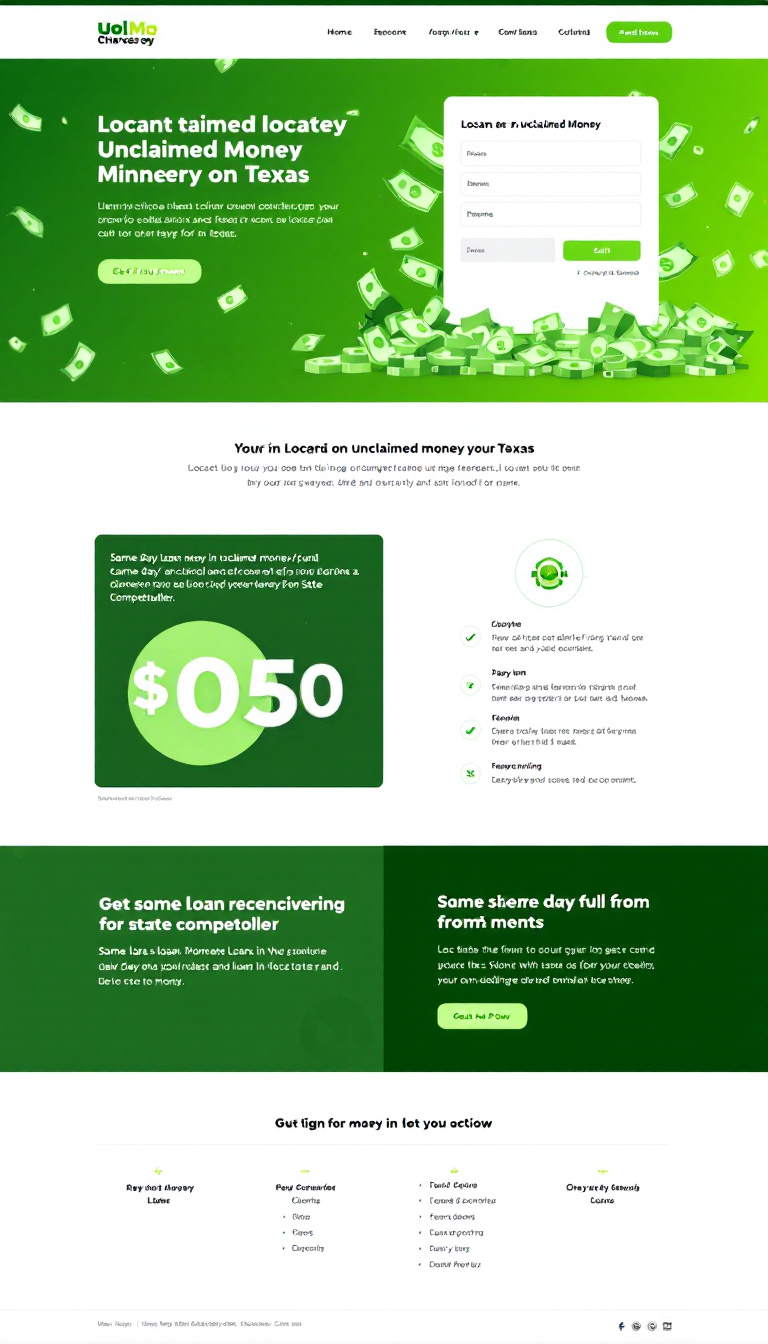 Create an eye-catching one-page website featuring green colors that evoke money. It should cater to clients seeking assistance in locating unclaimed money in Texas, highlighting same-day loan options and repayment details upon receiving funds from the state comptroller.