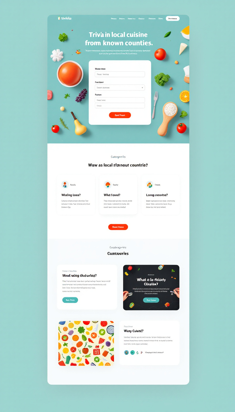 Design a clean one-page website for trivia games focused on local cuisine from various well-known counties. The layout should be engaging and user-friendly, showcasing game categories and interactive elements.