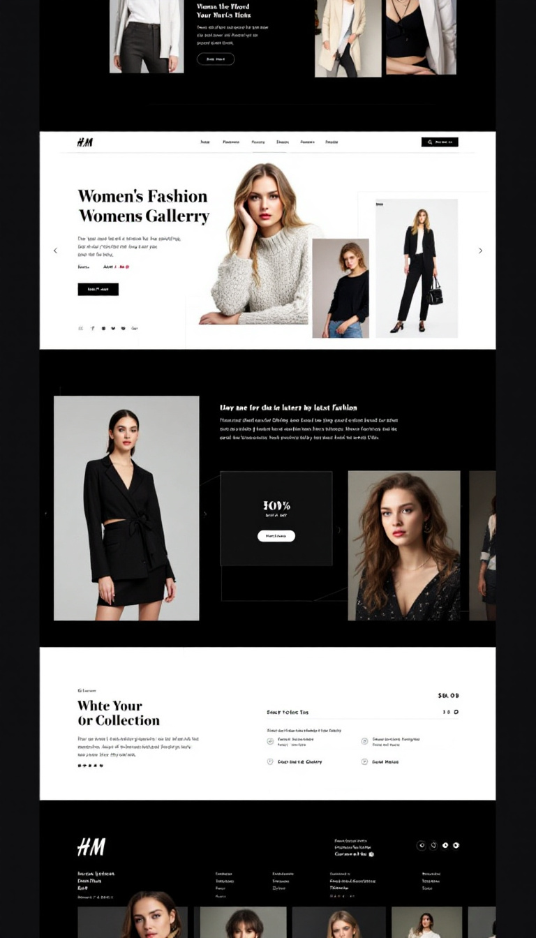 Design a modern one-page website for a women's fashion brand targeting ages 18-35, inspired by Zara and H&M. Include a clean, stylish layout with a product gallery that highlights the latest fashion collections, focusing on visuals to attract fashion-conscious consumers.
